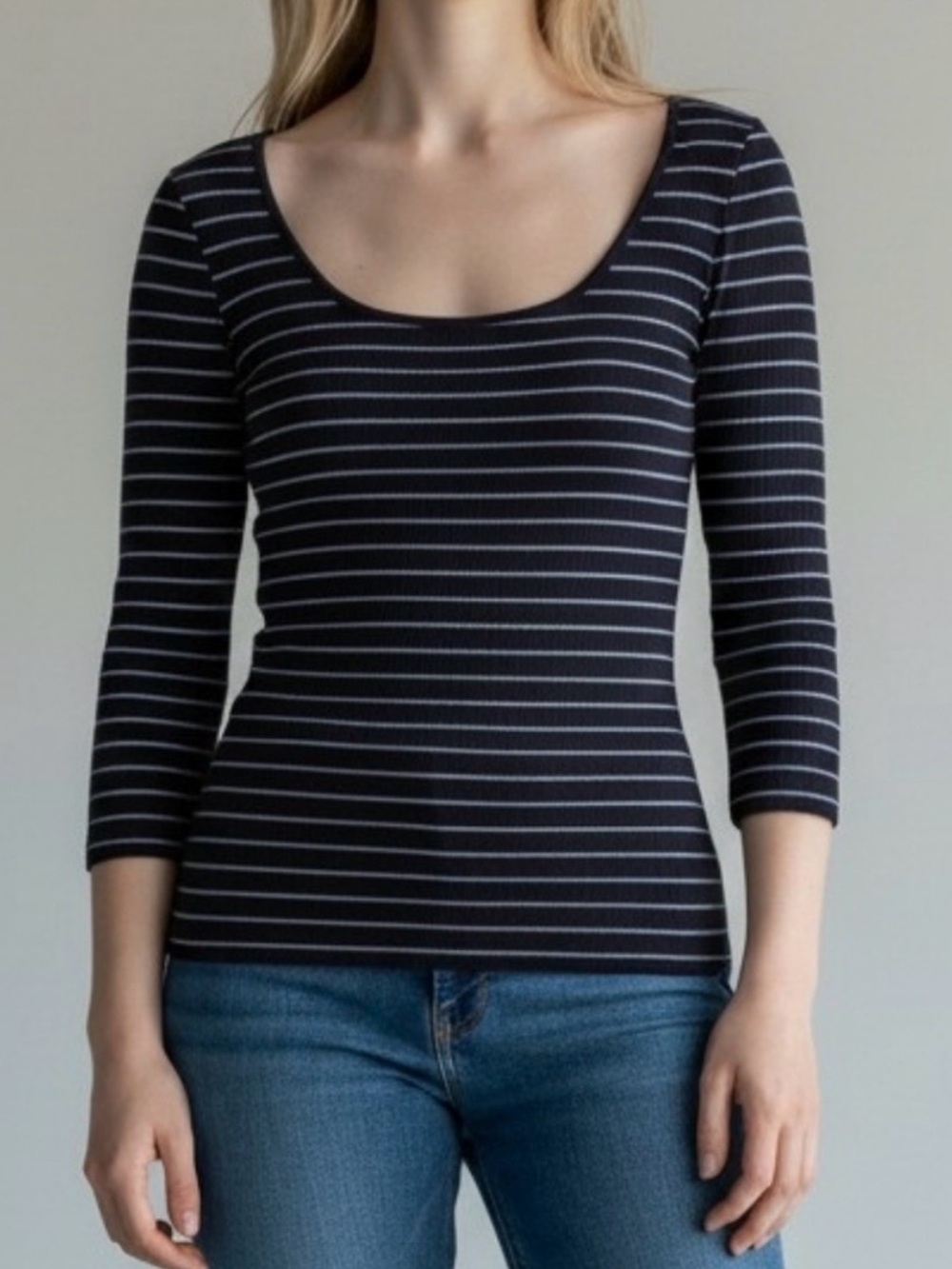Vince Stripe Rib Scoop Neck Knit Top Deep Marine Lake 3/4 Sleeve Size XS